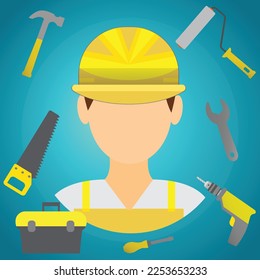 Man with protective work wear and different tools