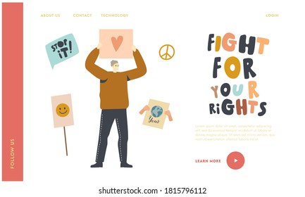 Man Protest mit Banner Landing Page Template. Charakterkämpfe für Rechte, Protest gegen Liebe gegen Krieg oder Wahlen, die mit Herzsymbol auf der Demonstration platziert. Lineare Vektorgrafik