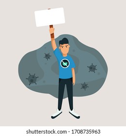 Man Protest Corona Virus Lockdown And Refuse To Wear Mask. Flat Illustration EPS.10