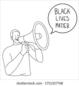 man protest wearing red cloth holding megaphone yelling black lives matter outline vector illustration 