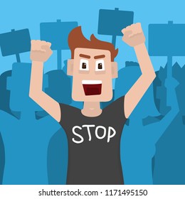 Man protester and activist wearing a t-shirt that says "STOP". Vector illustration.