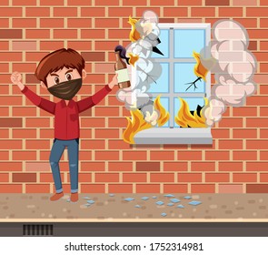 Hombre manifestante destruye la ventana con la ilustración de la bomba de botellas