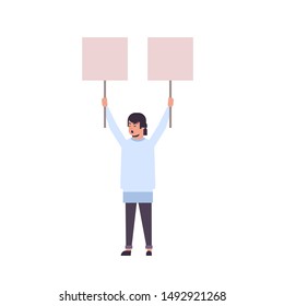 man protester holding blank placards male activist with empty sign banners protest demonstration strike concept flat full length
