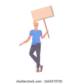 man protester holding blank protest poster guy with vote placard demonstration speech political freedom concept full length vector illustration