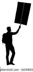 Man protester with transparent in hand vector silhouette isolated. Hand holding protest sign. People in political agitation propaganda poster. Vote campaign for better laborer rights and salary on job