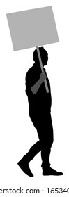Man Protester mit transparenter Vektorillustration Silhouette einzeln. Hand, die ein Protestzeichen hält. Menschen in politischen Agitation Propagandaposter. Wahlkampagne für bessere Rechte und Gehälter der Arbeitnehmer