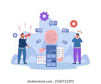 Man protesting against AI and disinformation vector illustration. Cartoon drawing of confused people, social media and online fake news. Artificial intelligence, technology, disinformation concept