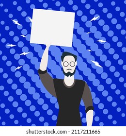 A man is protesting with banners. The concept of citizens' strikes. Pop Art. Cartoon style.
