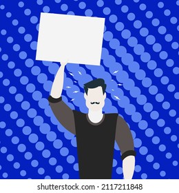 Un hombre protesta con pancartas en sus manos. El concepto de huelgas de los ciudadanos. Arte pop. Estilo plano, vector.