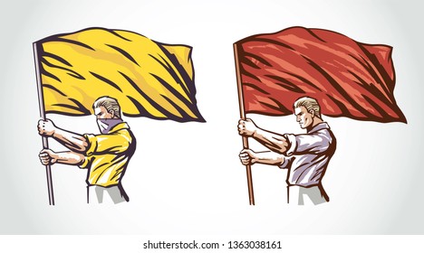 Man protesting with the flag of revolution in his hands. Vector illustration.