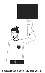 Man protesting flat line black white vector character. Caucasian demonstrator with banner. Editable outline half body person. Simple cartoon isolated spot illustration for web graphic design