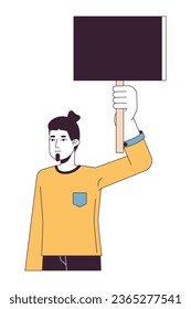 Man protesting flat line color vector character. Caucasian demonstrator with banner. Editable outline half body person on white. Simple cartoon spot illustration for web graphic design