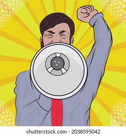 Man protesting with megaphone, color wheel background.