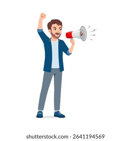 Man Protesting with Megaphone and Raised Fist in Full Body Illustration with White Background