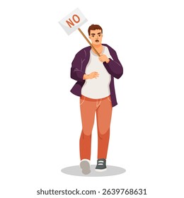 Man protesting with NO sign, cartoon style on white background, concept of disagreement or resistance. Vector illustration