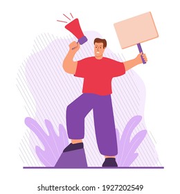 Man protesting for their rights.Guy holds loudspeaker.Vector flat cartoon style.Protesting people holding banner.Hands with blank placard.Political freedom struggle.