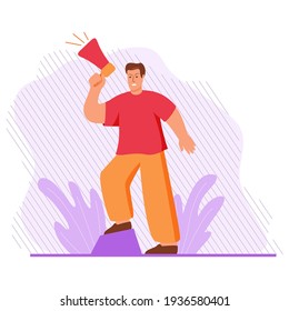 Man protesting for their rights.Guy holds loudspeaker.Vector flat cartoon style.Protesting people.