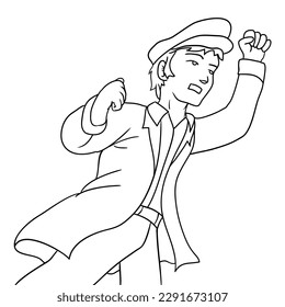 Man protesting with trench coat, beret and fist up. Design in outlines for coloring activities.