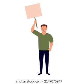 Man protestor employee.Demonstrator holding banner.Male activist character.Protesting man with placard.Isolated on white background.Character cartoon vector illustration.