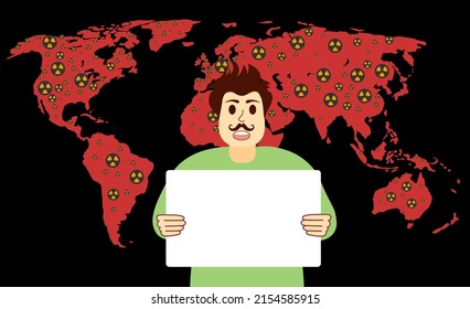 Man protests with a poster on the background of the world map with nuclear threat. Nuclear military weapons global danger. World is in danger. Save the world. Vector best premium illustration.