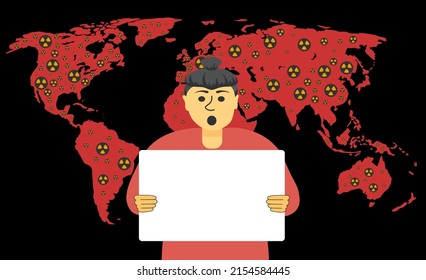 Un hombre protesta con un afiche, una hoja sobre el fondo del mapa mundial con amenaza nuclear. Un llamado con una demanda al mundo. China, Japón, Corea contra la guerra nuclear. Mejor ilustración del vector.