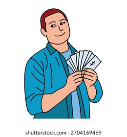Hombre con orgullo sostiene una pila de dinero, Ilustración vectorial sobre fondo blanco