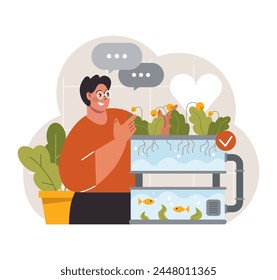 Man proudly presents an aquaponics system at home. Balancing fish tank and thriving plants, the setup showcases a sustainable urban farming technique. Indoor garden joy. Flat vector illustration.