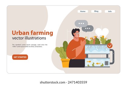 Man proudly presents an aquaponics system at home. Balancing fish tank and thriving plants, the setup showcases a sustainable urban farming technique. Indoor garden joy. Flat vector illustration.