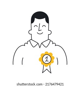 Man proudly wearing an award on his chest. Outline, linear, thin line, doodle art. Simple style with editable stroke.