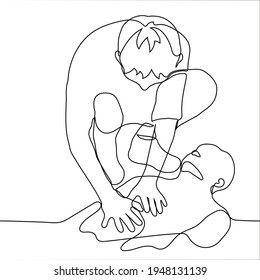 man is providing cardiopulmonary resuscitation to a man lying on the floor - one line drawing. First aid concept for cardiac arrest