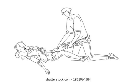 Man Providing First Aid Injured Young Girl Black Line Pencil Drawing Vector. Boy Provide First Aid Bandaging Woman Broken Leg Trauma Before Ambulance Arrive. Characters Emergency Rescue Illustration