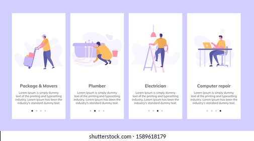 Man Providing On Demand Services. Moving Package on Lift. Plumber fitting pipe. Electrician repair light standing on stairs. Man seating on table with computer and repair computer.  