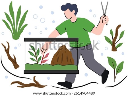 Man pruning aquatic plants in aquarium as part of aquascaping hobby