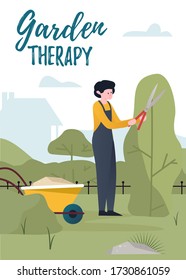Man pruning and trimming trees and  hedge. Gardener working in garden. Vector flat colorful illustration.