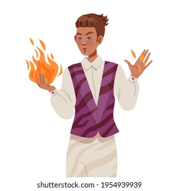 Man Psychic and Stage Magician Performing Trick Holding Flame with Bare Hands Vector Illustration