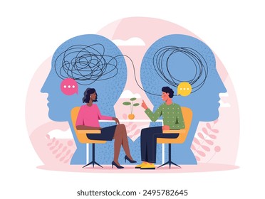 Man with psychological help. Man and woman discussing psychological problems. Psychologist with client. Consultation and support. Person with mental issues. Flat vector illustration