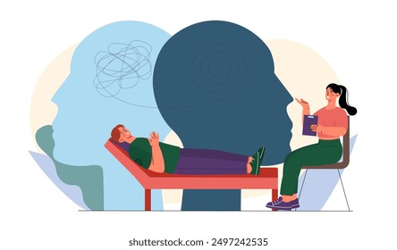 Man with psychological help. Woman helps guy with depression. Negative feelings and emotions. Person suffer from sadness and frustration. Psychological consultation. Flat vector illustration