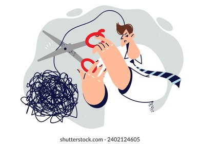 Man with psychological problems cuts off tangled cord of thought symbolizing stress due to toxic work. Businessman gets rid of stress that causes deterioration in mood and decrease in productivity