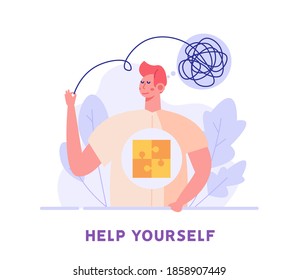 Man with psychological problems tries to help himself. Concept of psychotherapy session, psychological consultation and abstract problems concept. Vector illustration in cartoon design