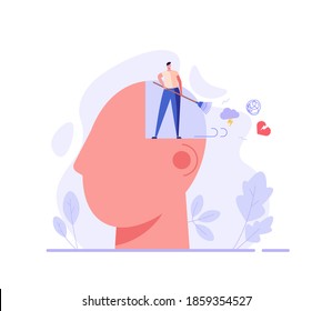 Man with psychological problems tries to help himself. Concept of psychotherapy session, psychological consultation and abstract problems concept. Vector illustration in cartoon design