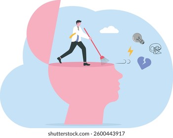 Man with psychological problems tries to help himself. Concept of psychotherapy session, psychological consultation and abstract problems concept. Vector illustration in cartoon design
