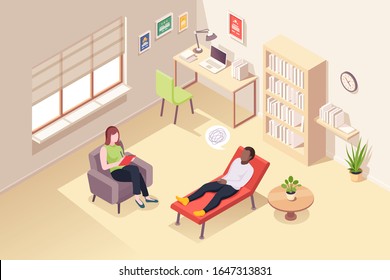 Man At Psychologist Counseling, Vector Isometric Design, People At Woman Psychologist Counselor Couch. Man At Psychology Therapy Session For Mental Crisis, Anger, Depression And Life Problems