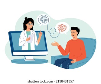 Man with Psychologist doctor online consultation. Psychotherapy practice, psychological help, psychiatrist consulting patient. Psychology. Trendy flat cartoon style. Vector illustration on white