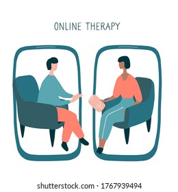 Man at the psychologist online session. Doctor consultation by phone. Video call to psychiatrist. Online psychological therapy. Hand drawn vector graphic