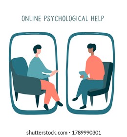 Man at the psychologist online session. Doctor consultation by phone. Video call to psychiatrist. Online psychological therapy. Flat vector graphic