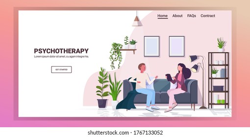 man with psychologist sitting on sofa female psychotherapist consulting male patient during psychotherapy session mental health depression concept horizontal full length copy space vector illustration