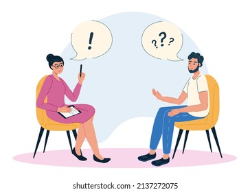 ein Mann an einer Verabredung eines Psychologen stellt Fragen, eine Vektorfigur im flachen Stil spricht mit einem Psychologen