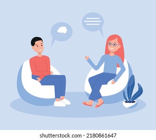 A man at a psychologist's appointment is in a bad mood flat vector illustration. Character boy complains of depression. Psychotherapist provides psychological assistance for mental health
