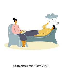 Un hombre en la cita de un psicólogo. Depresión, problemas. Ilustración de material vectorial. 