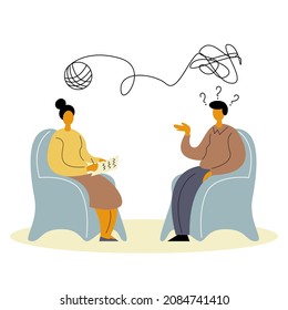 A man at a psychologist's appointment. Depression, psychological problems. Vector stock illustration in flat style. 